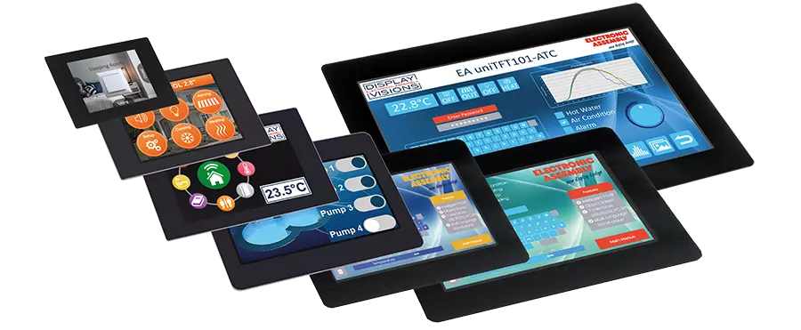 [Translate to Englisch:] Intelligente HMI Displays mit PCAP-Touch zum Einbau mit USB, RS232, SPI, I²C