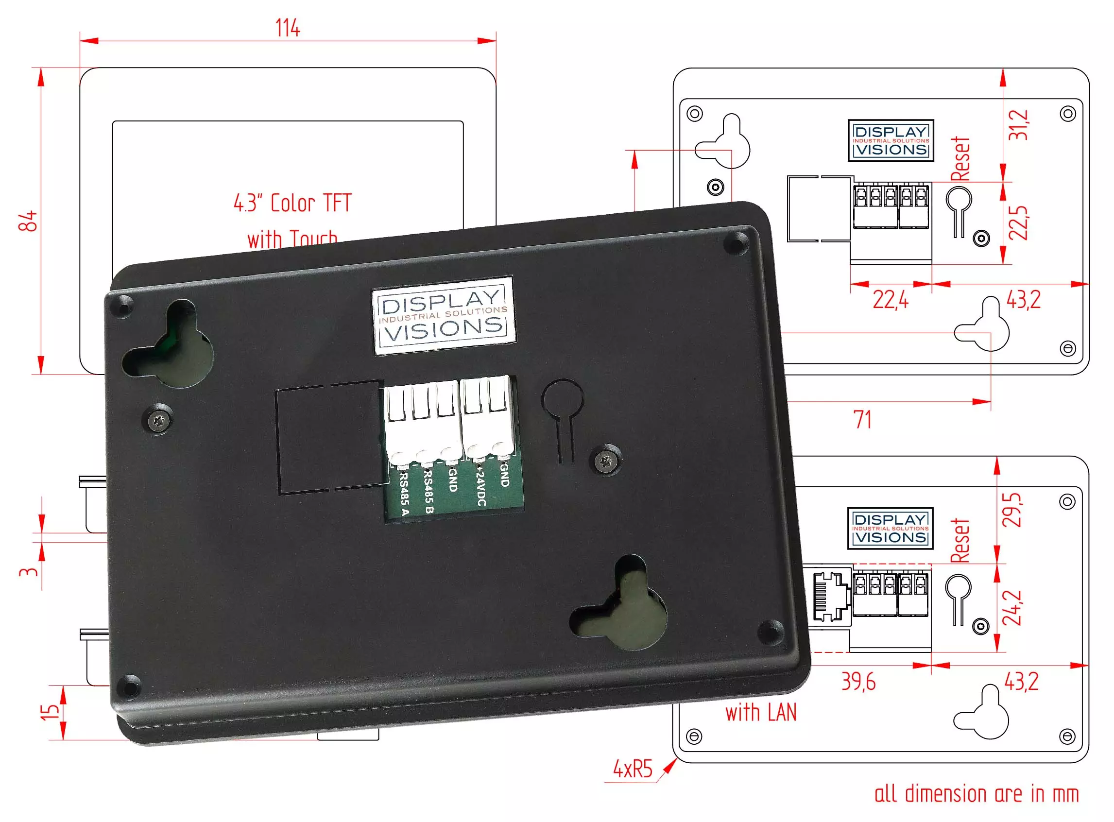 HMI with Modbus for wall mounting and front panel installation